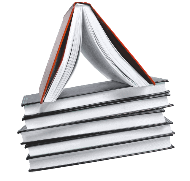 image of a stack of books with the top book opened to represent a roof.